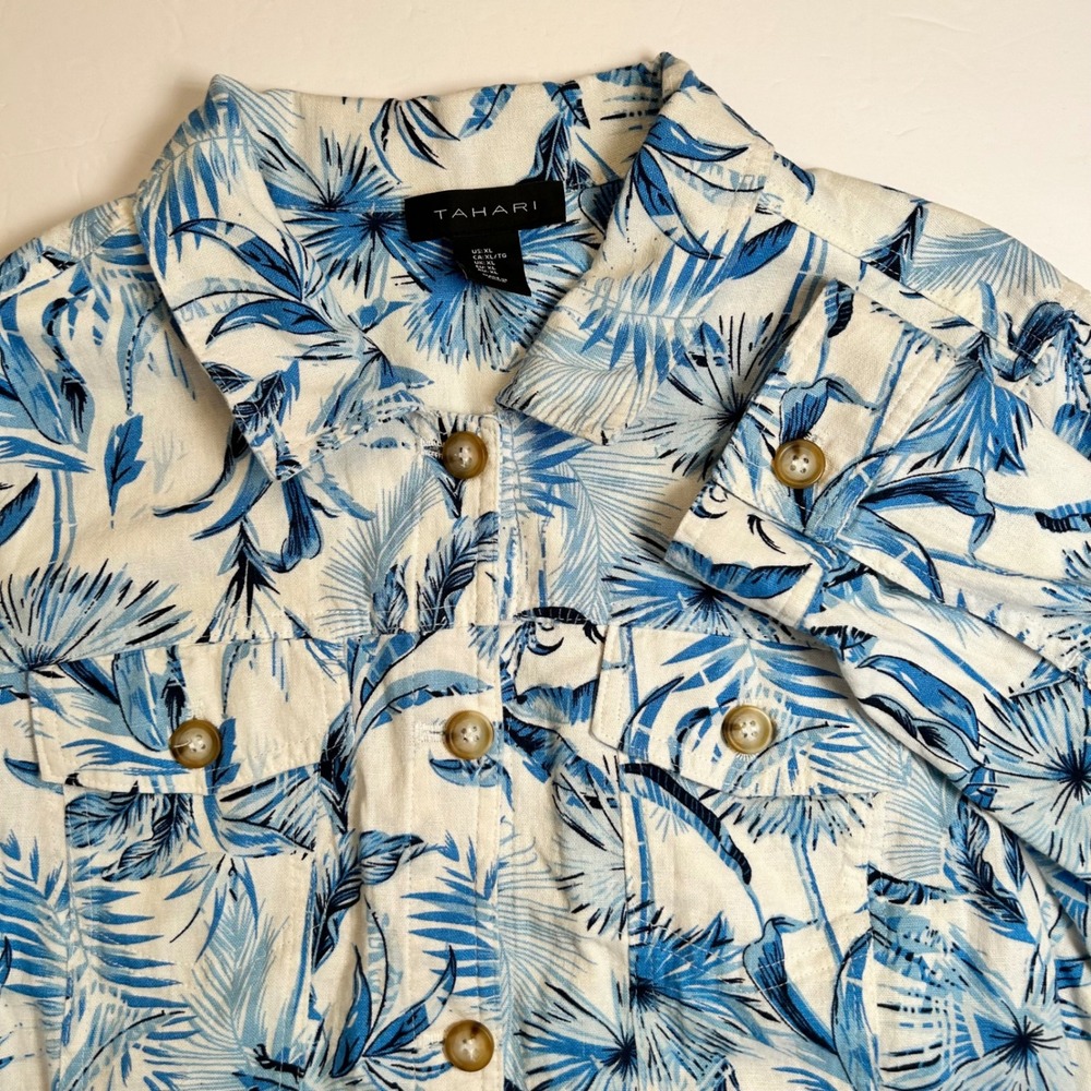 Tahari Women Blue White Tropical Leaf Print Linen Viscose Button Down Jacket XL